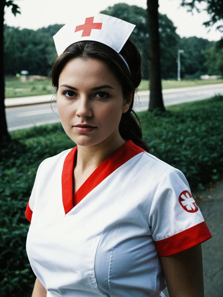 Photorealistic Outdoor Portrait of Woman in Classic Nurse Costume