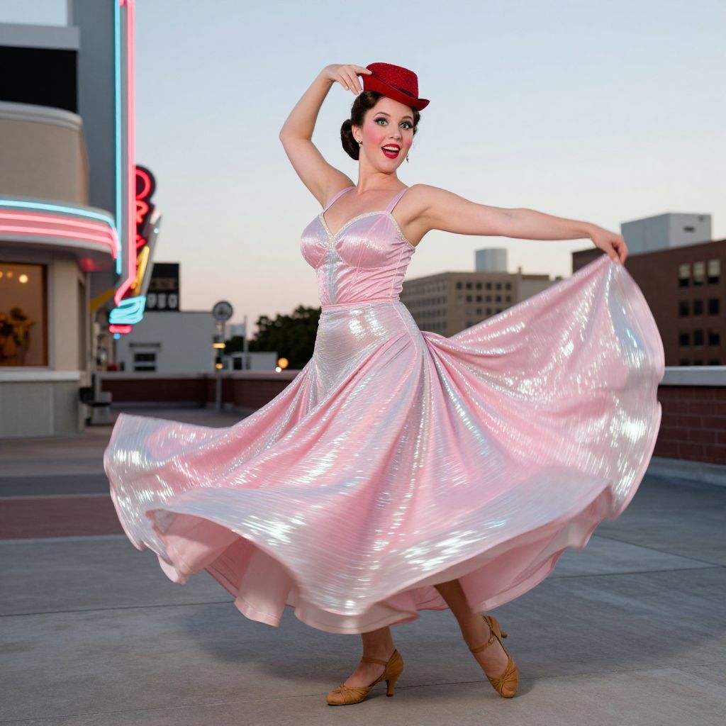 Vintage Style Woman Dancing in Shimmering Pink Dress and Red Hat Outdoors