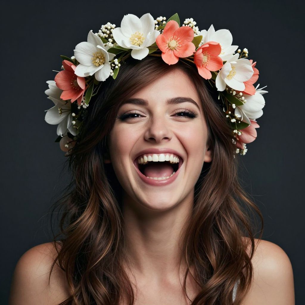 Happy Woman Wearing Floral Crown Laughing Close-Up Portrait