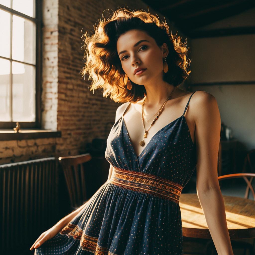 Woman in Elegant Dress with Wavy Hair Standing by Window in Vintage Room