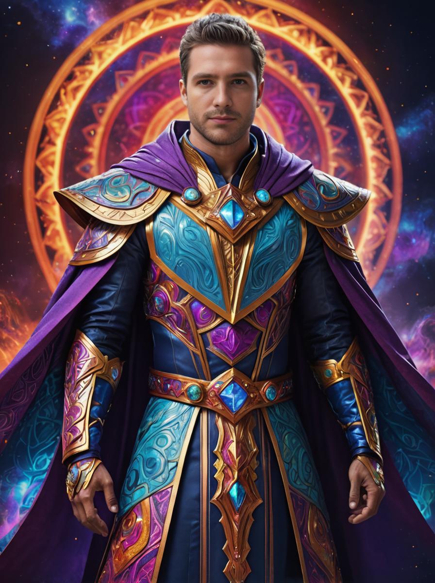 Colorful Fantasy Costume Man in Cosmic Background