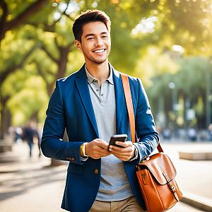 Young Man in Blue Blazer with Smartphone in Park