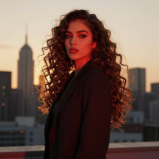 Confident Woman with Curly Hair in Blazer at Sunset City Skyline