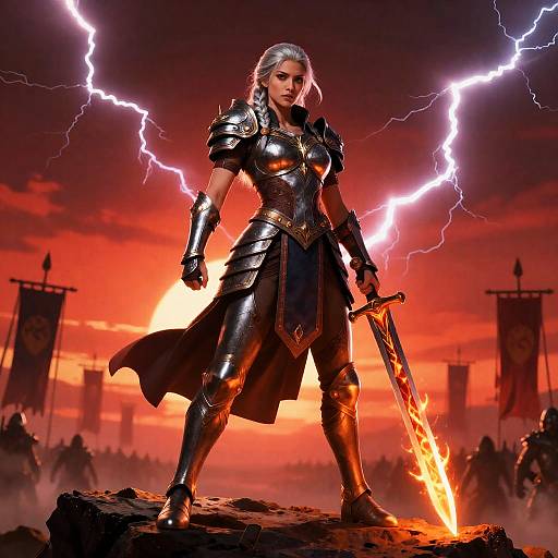 Epic Fantasy Warrior Woman in Medieval Armor with Fiery Sword and Lightning