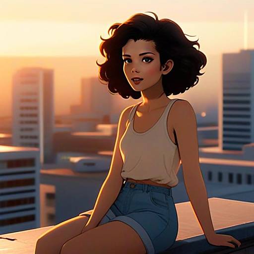 Stylish Young Woman on Rooftop at Sunset Digital Artwork