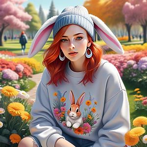 Young Woman in Bunny Beanie in Vibrant Park
