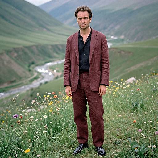 Man Wearing Burgundy Suit in Scenic Mountain Landscape