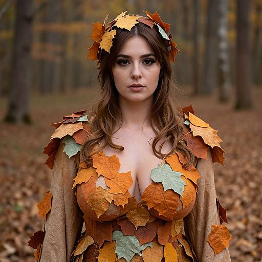 Woman in Autumn Leaf Dress in Forest