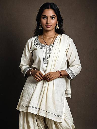 Woman in Off-White Dhoti Suit with Embroidered Details Studio Portrait
