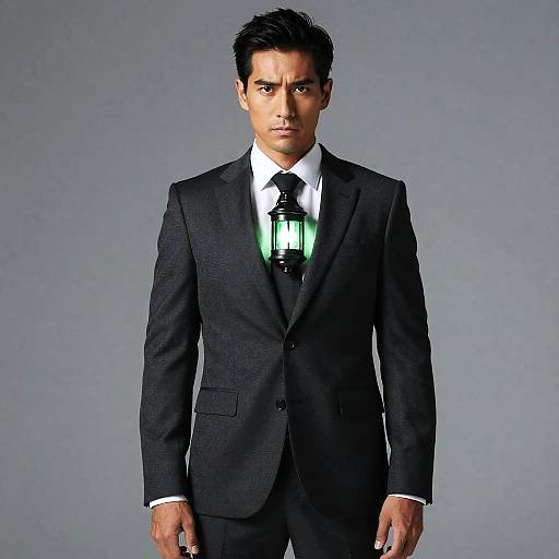 Man in Black Grey Suit with Glowing Green Lantern on Chest