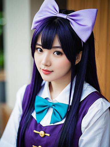 Portrait of Woman in Anime-Inspired Purple Cosplay with Large Hair Bow