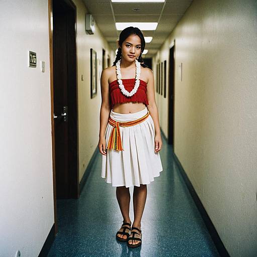 Young Woman in Traditional Hula Skirt and Red Toga Top Costume with Lei