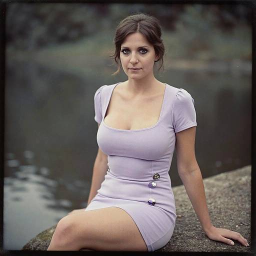 Woman Wearing Simple Chic Lavender Mini Dress with Decorative Buttons by the Water
