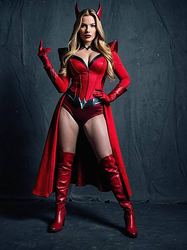 Woman in Scarlet Witch Costume with Red Cape and Boots