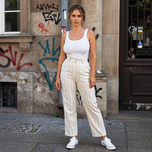 Hourglass Woman in White Ribbed Tank Top and Beige Pants in Medium Format Film Style