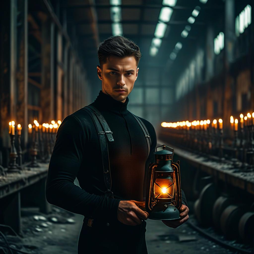 Man Holding Lantern in Industrial Warehouse at Night