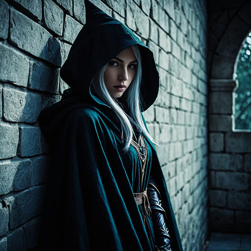 Woman in Dark Cloak in Medieval Corridor