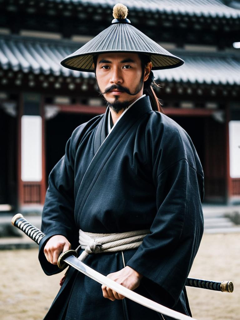 Traditional Japanese Samurai Man with Katana in Historic Temple Setting Traditional Japanese Samurai Man with Katana in Historic Temple Setting