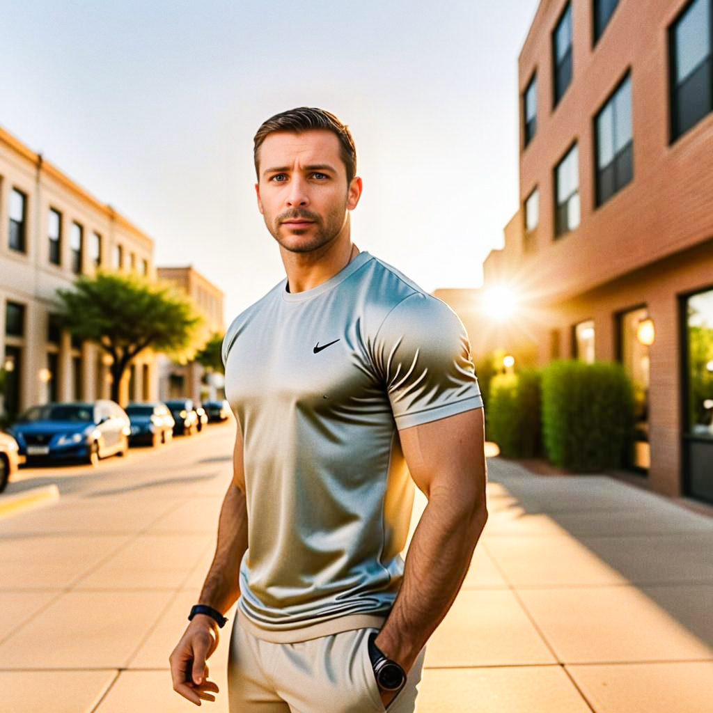 Fit Man in Nike Shirt on Sunlit Street