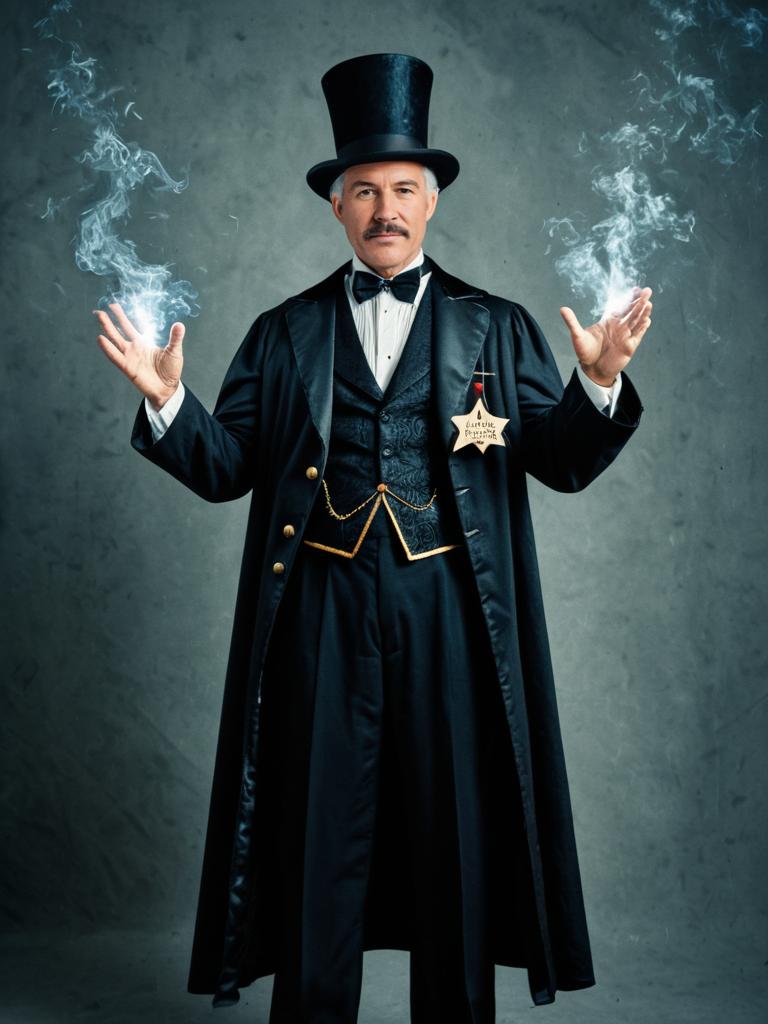 Man in Classic Magician Costume with Top Hat and Smoke Effects