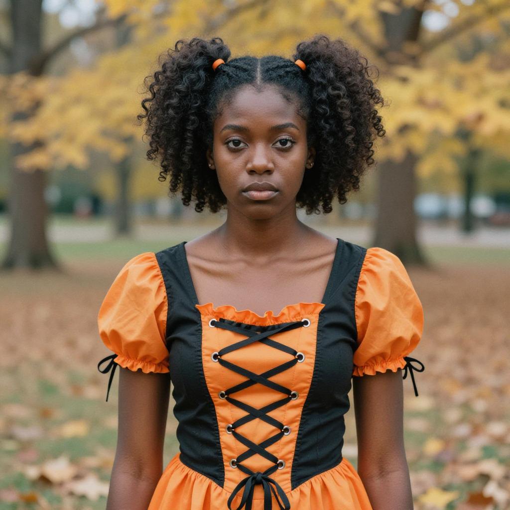 Young Woman in Vintage Black and Orange Dress with Curly Ponytails in Autumn Park
