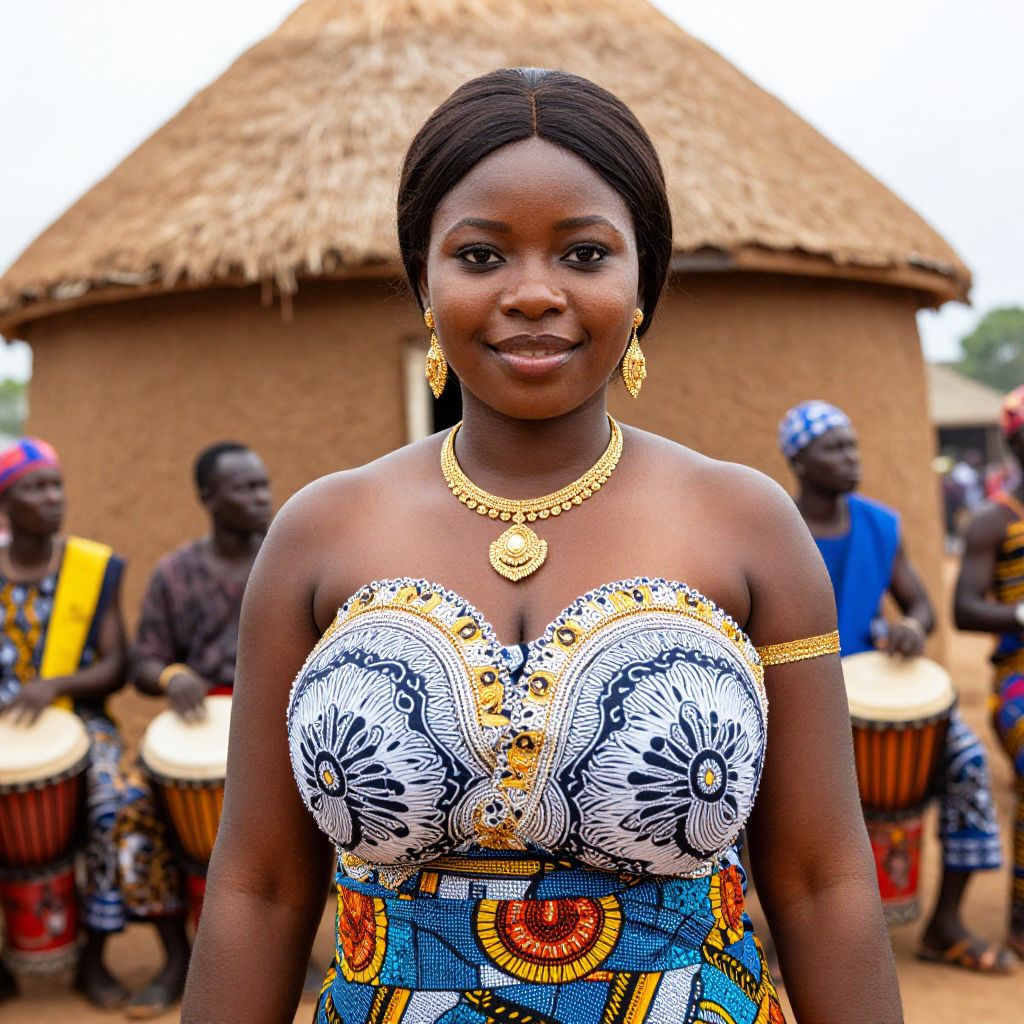 African Woman in Traditional Attire with Drummers in Cultural Village