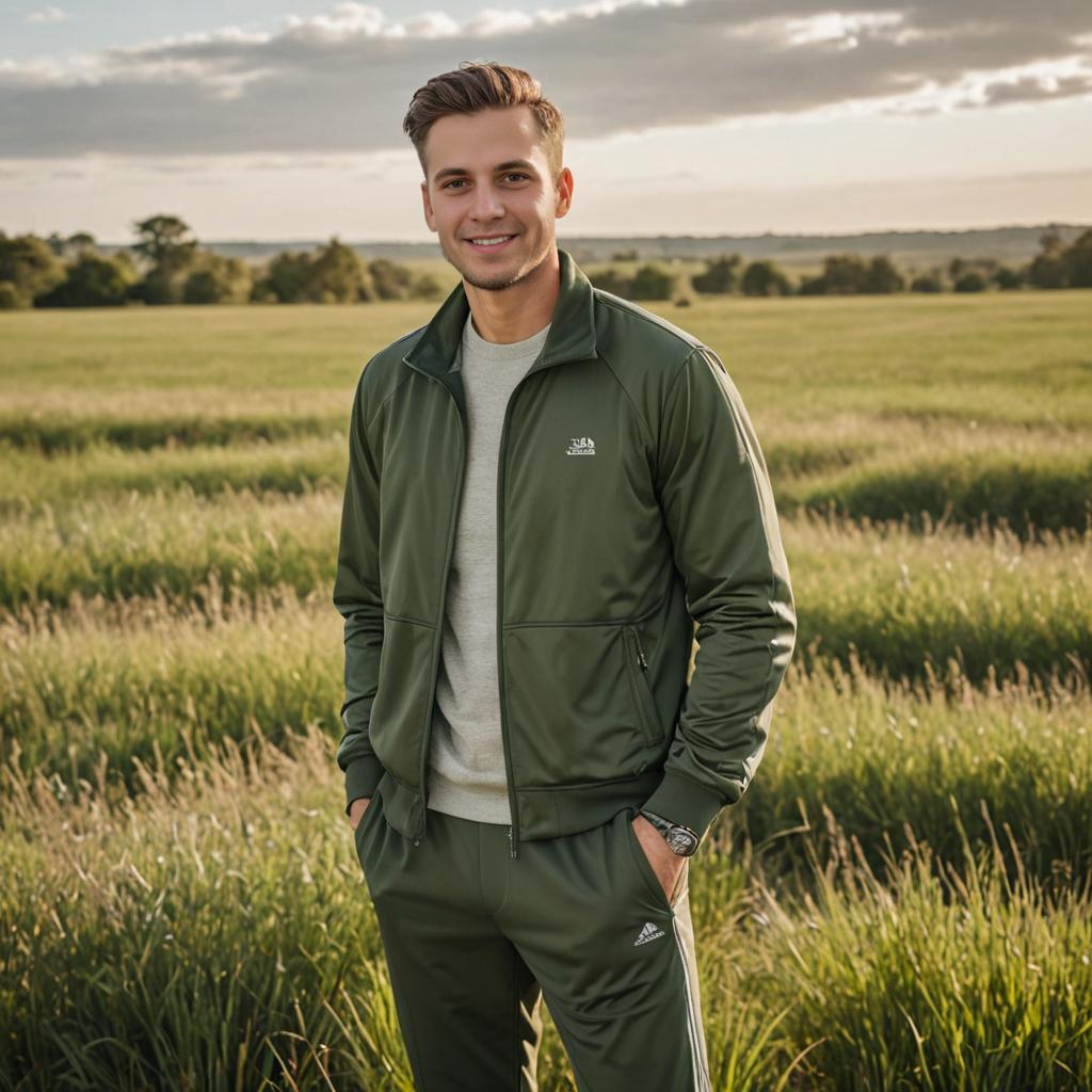 Confident Man in Stylish Green Tracksuit in Field