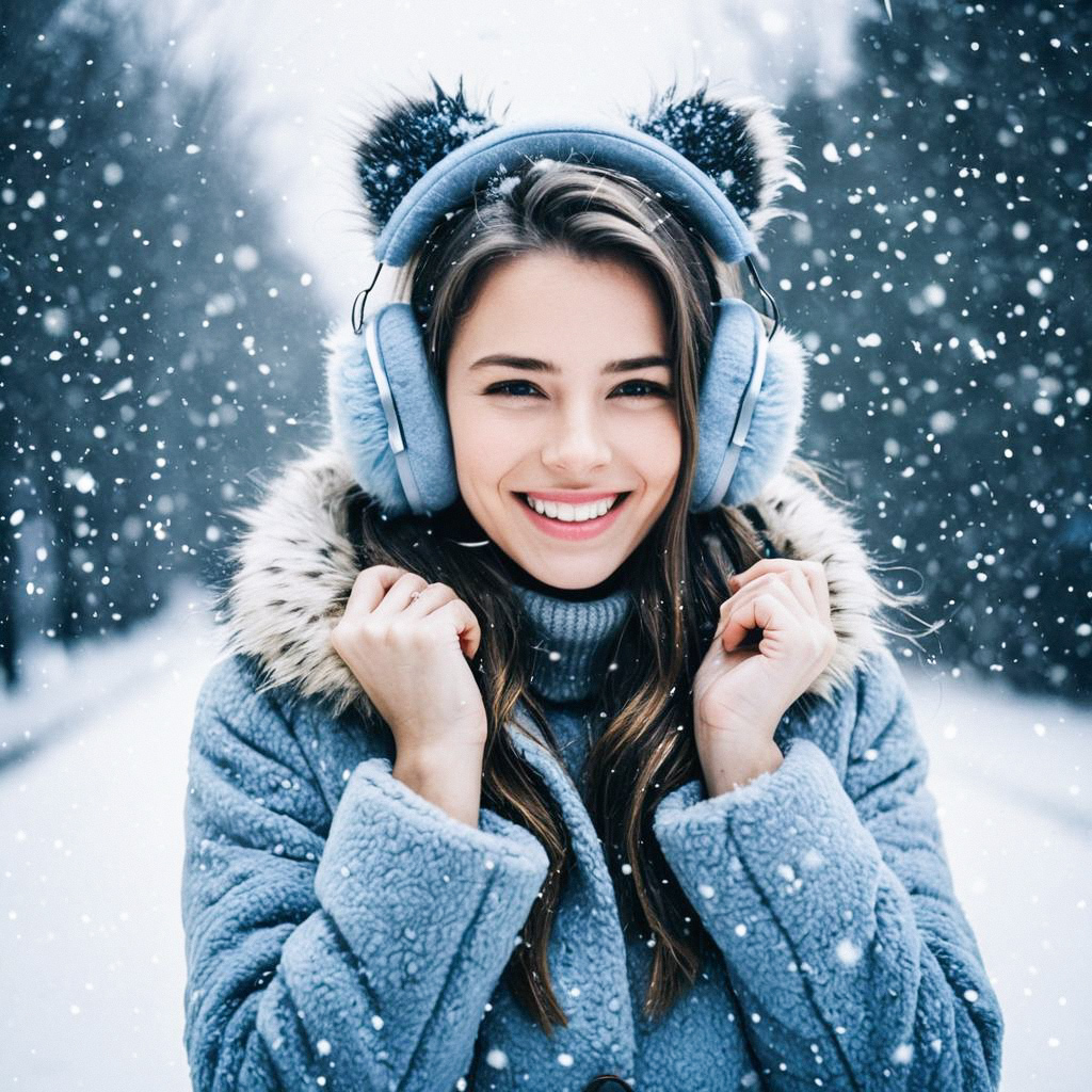 Cheerful Woman in Blue Coat Enjoying Snowy Day
