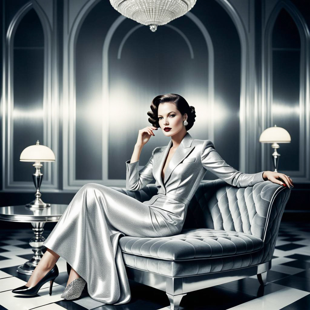 Glamorous Woman in Silver Gown on Plush Couch