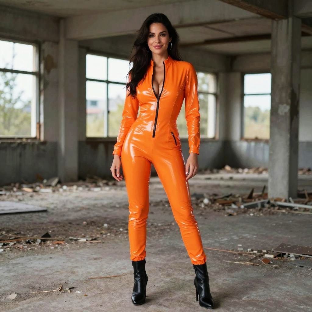 Woman in Shiny Orange Jumpsuit with Black Boots in Abandoned Industrial Setting