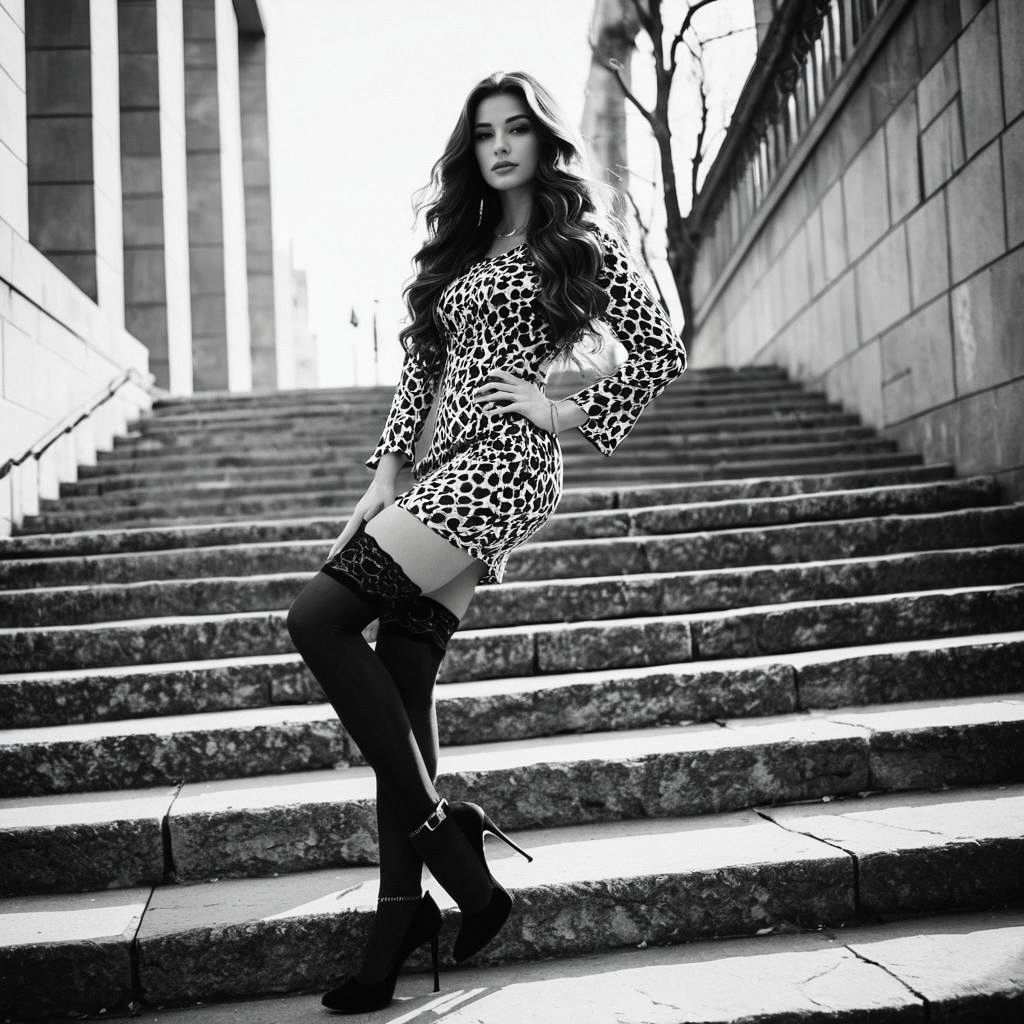 Confident Woman in Patterned Dress on Staircase