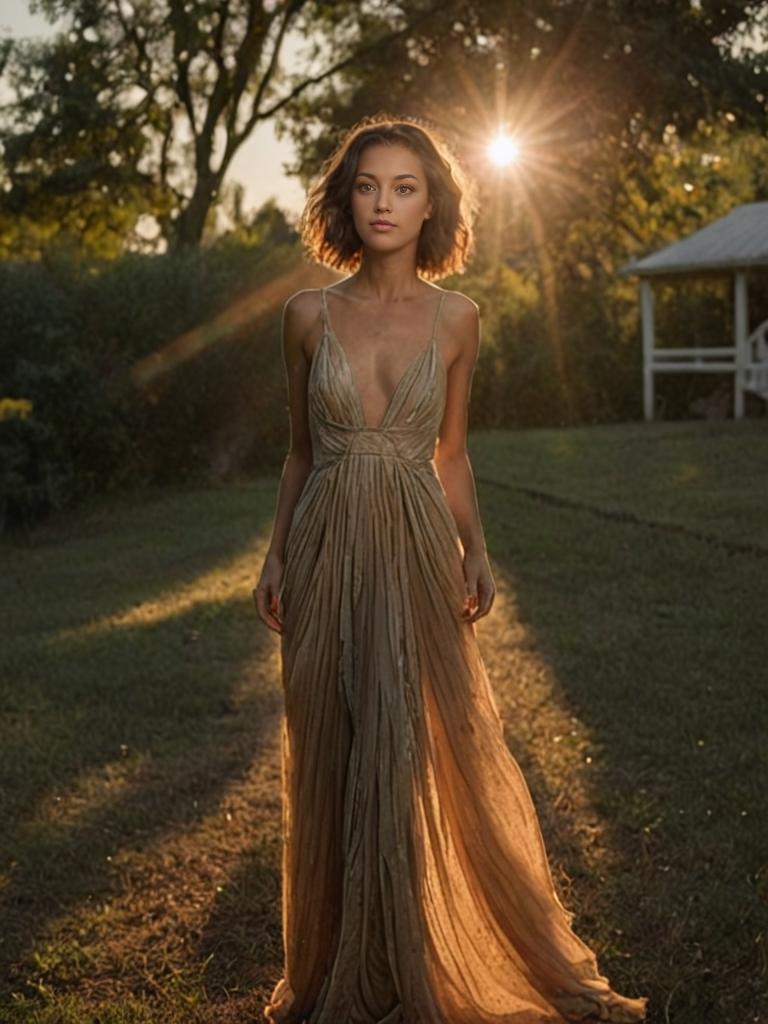 Woman in Elegant Dress in Sunlit Field