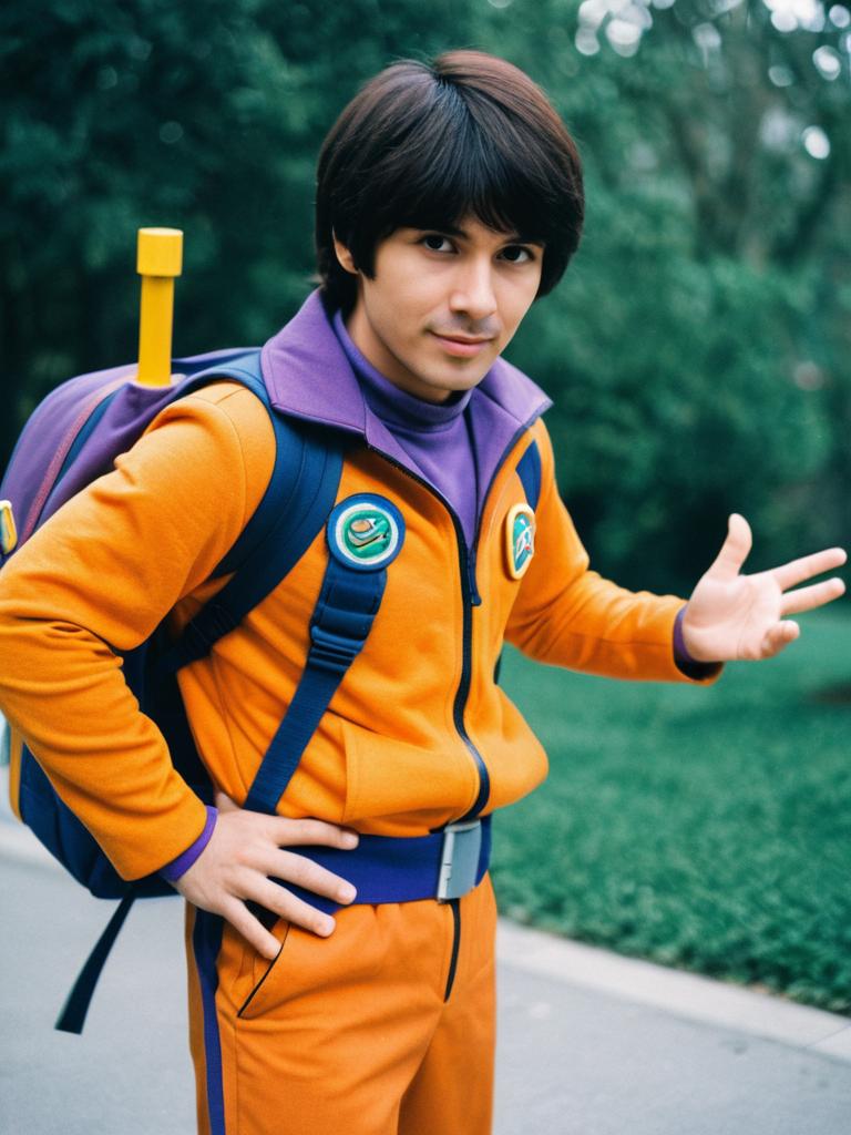Colorful Cosplay Man in Orange and Purple Tracksuit