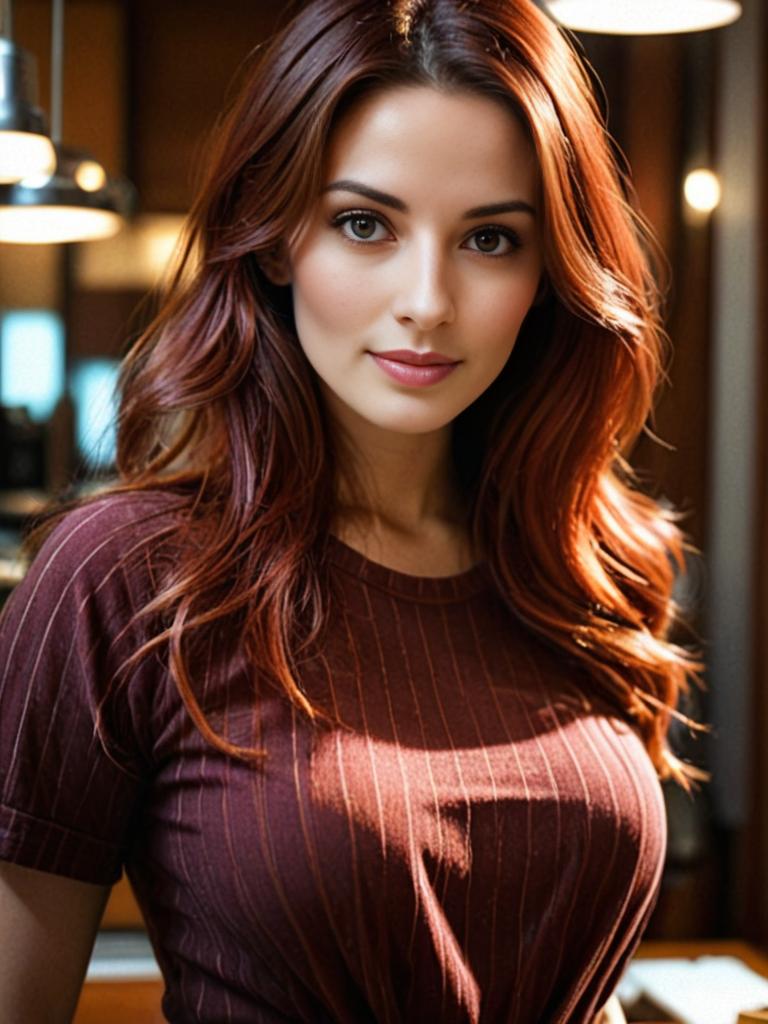 Confident Woman with Reddish-Brown Hair in Stylish Attire