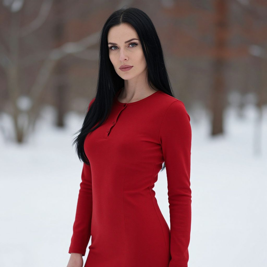 Woman in Red Dress Standing Outdoors in Snowy Winter Landscape