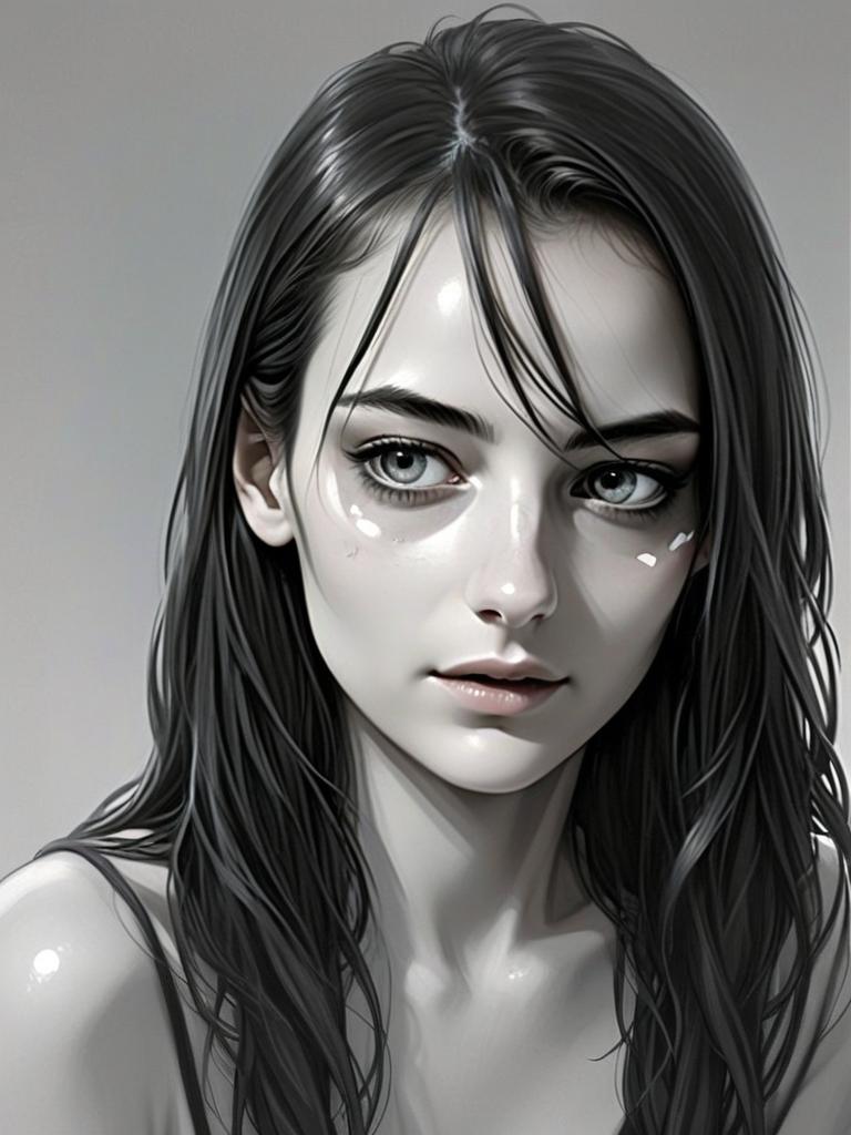 Realistic Digital Portrait of Young Woman with Wet Hair