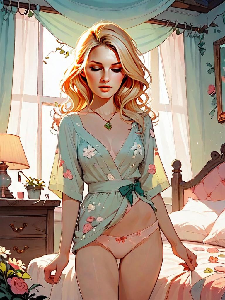 Digital Illustration of Blonde Woman in Floral Wrap Top in Cozy Bedroom