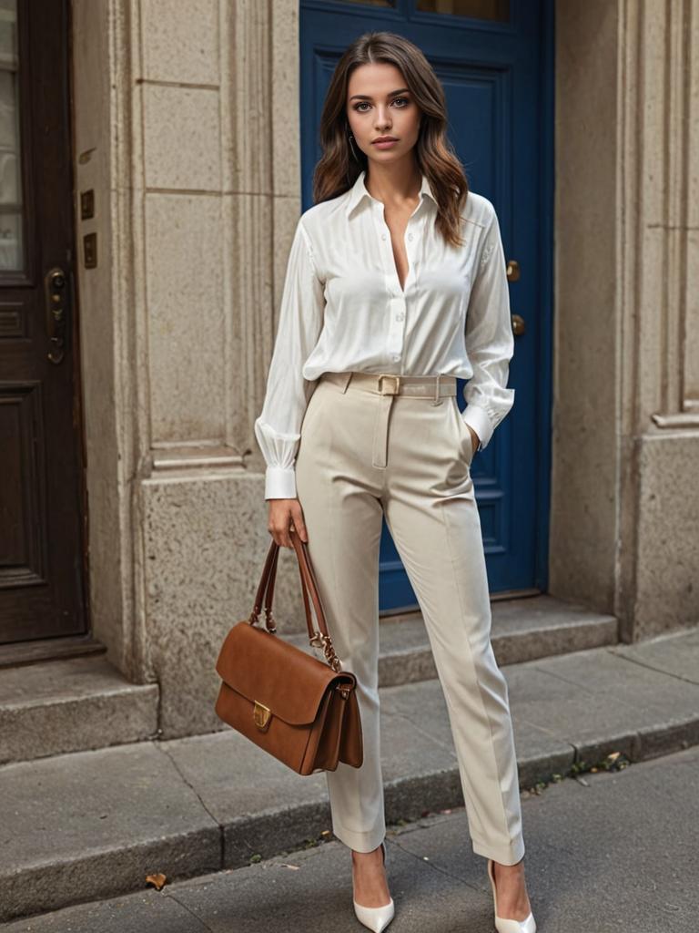 Chic Woman in Beige Trousers and White Blouse