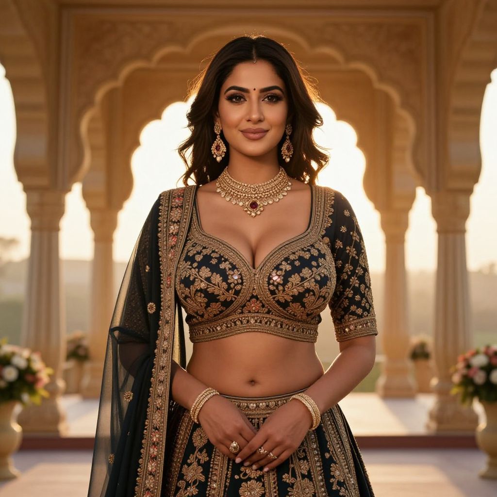 Elegant Woman in Black and Gold Embroidered Lehenga Choli in Architectural Setting