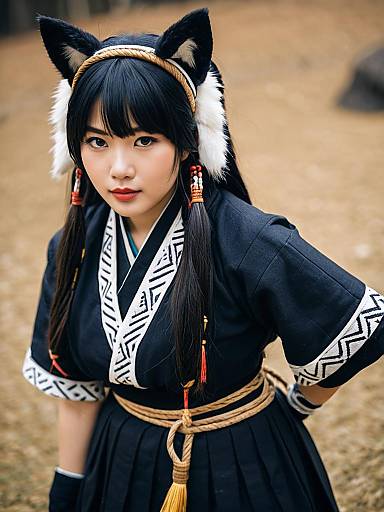 Young Woman in Traditional Japanese Outfit with Fox Ears Headband Cosplay