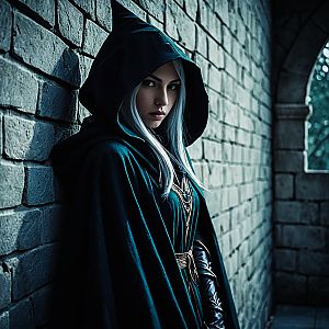 Woman in Dark Cloak in Medieval Corridor