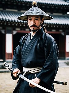 Traditional Japanese Samurai Man with Katana in Historic Temple Setting
