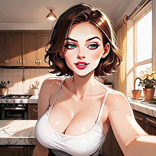 Anime Style Woman in White Tank Top in Sunlit Kitchen