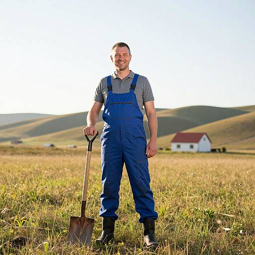 Man in Blue Overalls Standing in Field with Shovel Rural Landscape