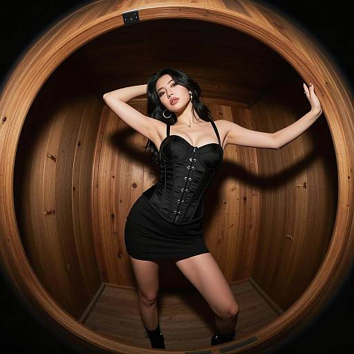 Stylish Young Woman in Black Corset Posing in Circular Wooden Booth