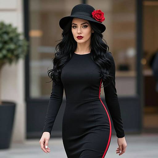 Stylish Woman in Black Dress with Red Rose Hat Walking Outdoors