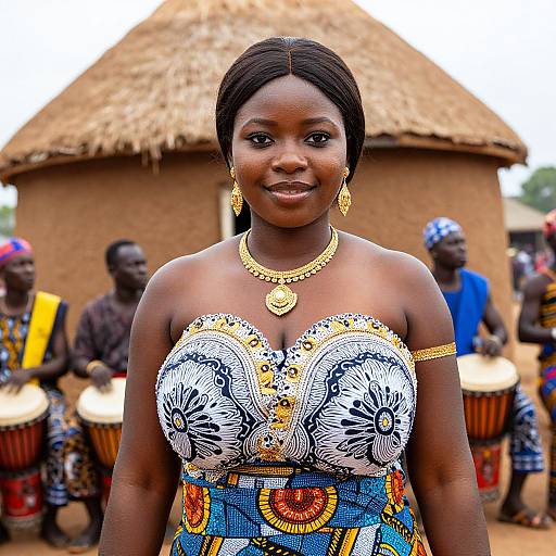 African Woman in Traditional Attire with Drummers in Cultural Village