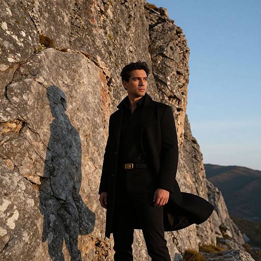 Man in Black Coat Standing Against Mountain Rocks under Sunset Light