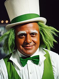 Man in Detailed Photorealistic Oompa Loompa Costume with Green Hair and White Top Hat
