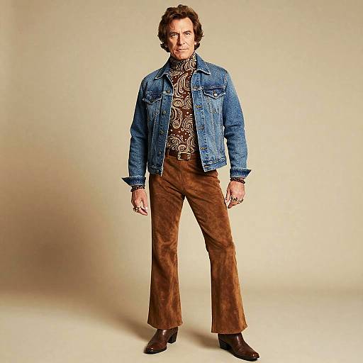 Retro 1970s Fashion Man in Denim Jacket and Suede Bell-Bottom Pants